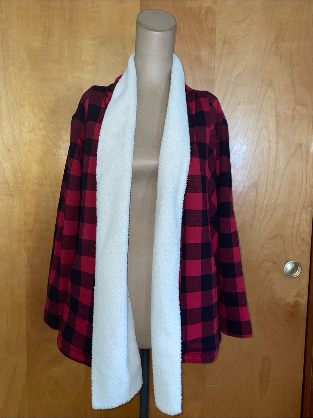 Eddie Bauer Red and Black Buffalo Plaid Sherpa-Trim Open Cardigan